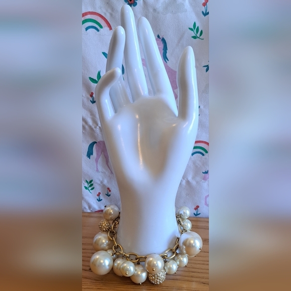 Vintage Y2K J. Crew Faux Pearl & Crystal Bead Gold Tone Bracelet Jewelery - Picture 1 of 4